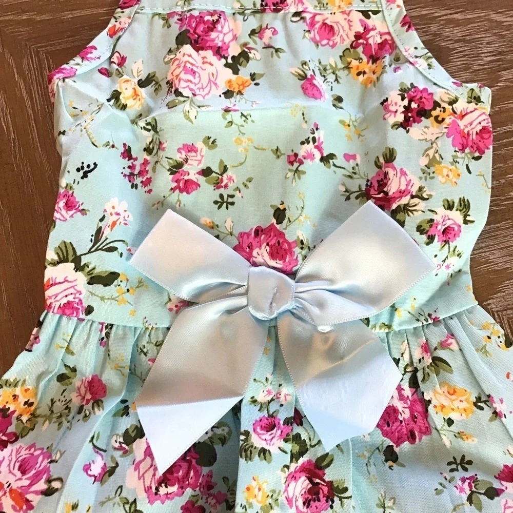 Blue Floral Halter Ribbon Bow Dog Pet Party Fancy Dress Size Large